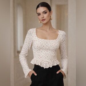 Floral Long Sleeve Top in Cream and Orange